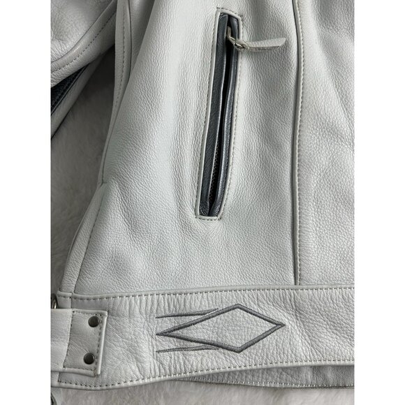 Power Trip Women's Leather Zip Up Motorcycle Jacket Large Cream/Silver Grey - Picture 9 of 16